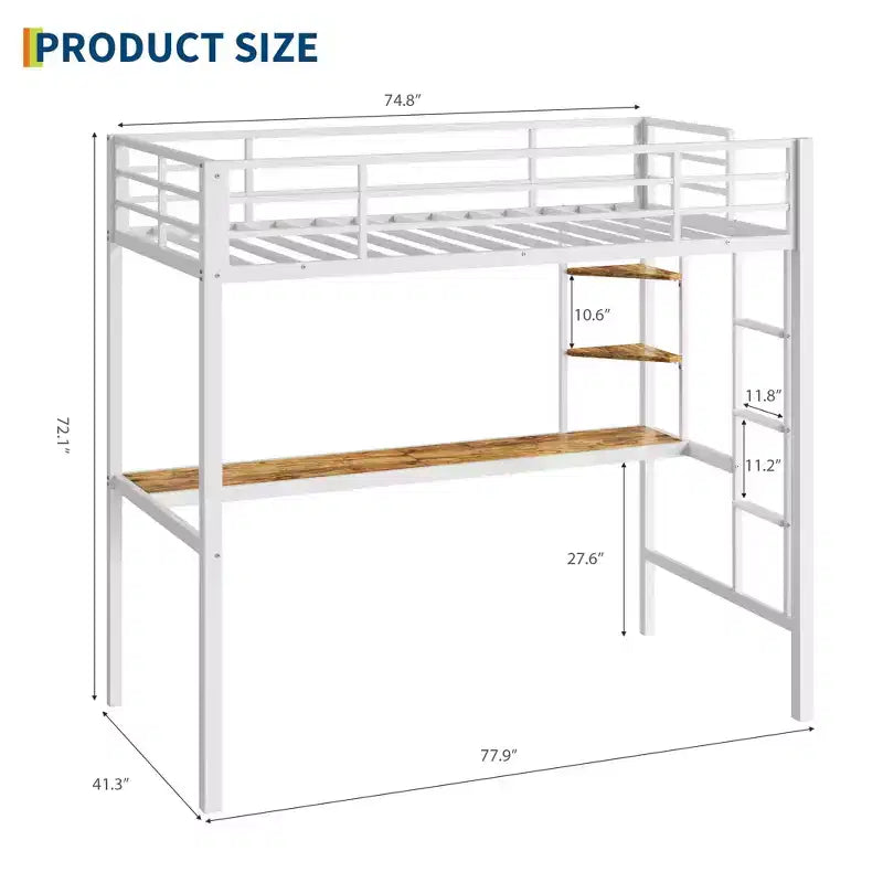 Twin Size Loft Bed with Large Desk and Storage Shelves, Metal Loft Bed with Safety Guardrail and Ladder for Kids and Adults, Space Saving