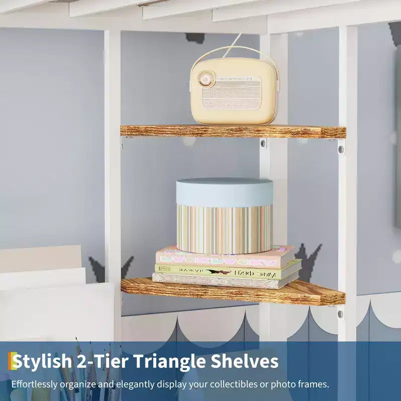 Twin Size Loft Bed with Large Desk and Storage Shelves, Metal Loft Bed with Safety Guardrail and Ladder for Kids and Adults, Space Saving