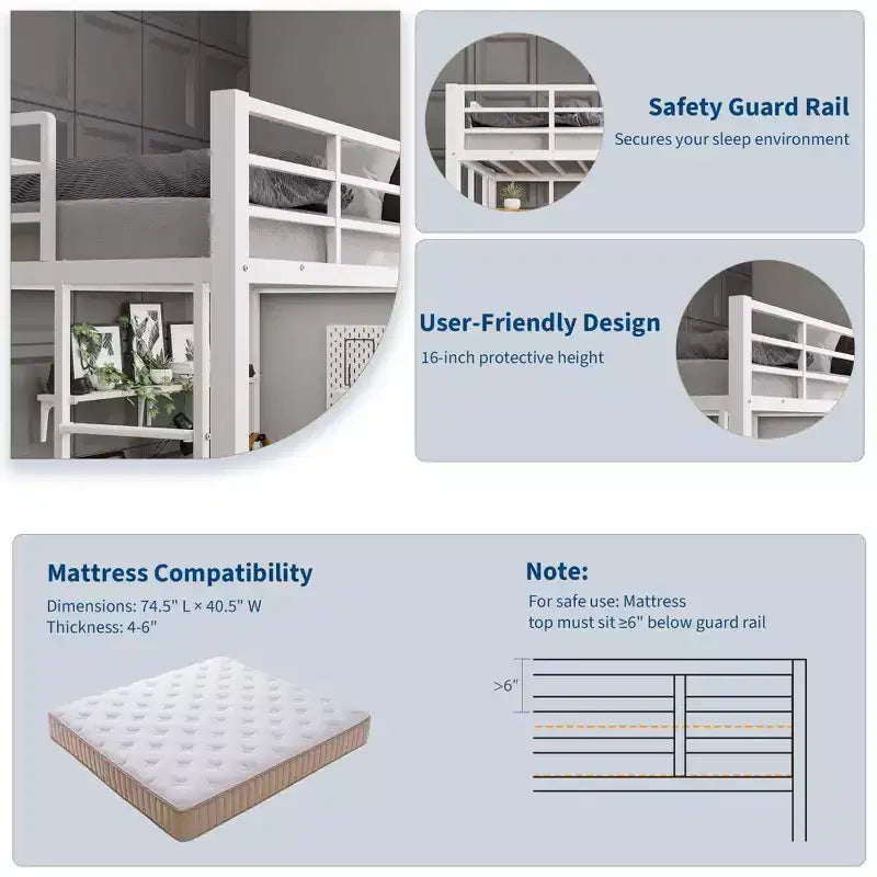 Twin Size Loft Bed with Large Desk and Storage Shelves, Metal Loft Bed with Safety Guardrail and Ladder for Kids and Adults, Space Saving
