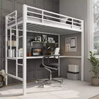 Twin Size Loft Bed with Large Desk and Storage Shelves, Metal Loft Bed with Safety Guardrail and Ladder for Kids and Adults, Space Saving
