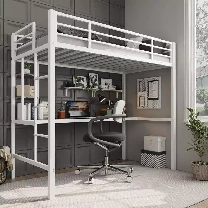 Twin Size Loft Bed with Large Desk and Storage Shelves, Metal Loft Bed with Safety Guardrail and Ladder for Kids and Adults, Space Saving