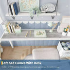 Twin Size Loft Bed with Large Desk and Storage Shelves, Metal Loft Bed with Safety Guardrail and Ladder for Kids and Adults, Space Saving