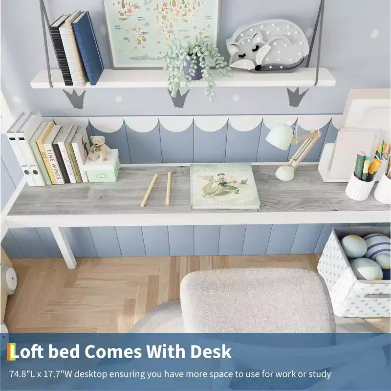 Twin Size Loft Bed with Large Desk and Storage Shelves, Metal Loft Bed with Safety Guardrail and Ladder for Kids and Adults, Space Saving