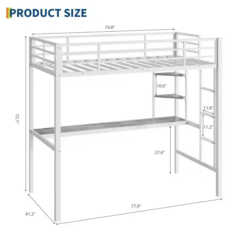 Twin Size Loft Bed with Large Desk and Storage Shelves, Metal Loft Bed with Safety Guardrail and Ladder for Kids and Adults, Space Saving