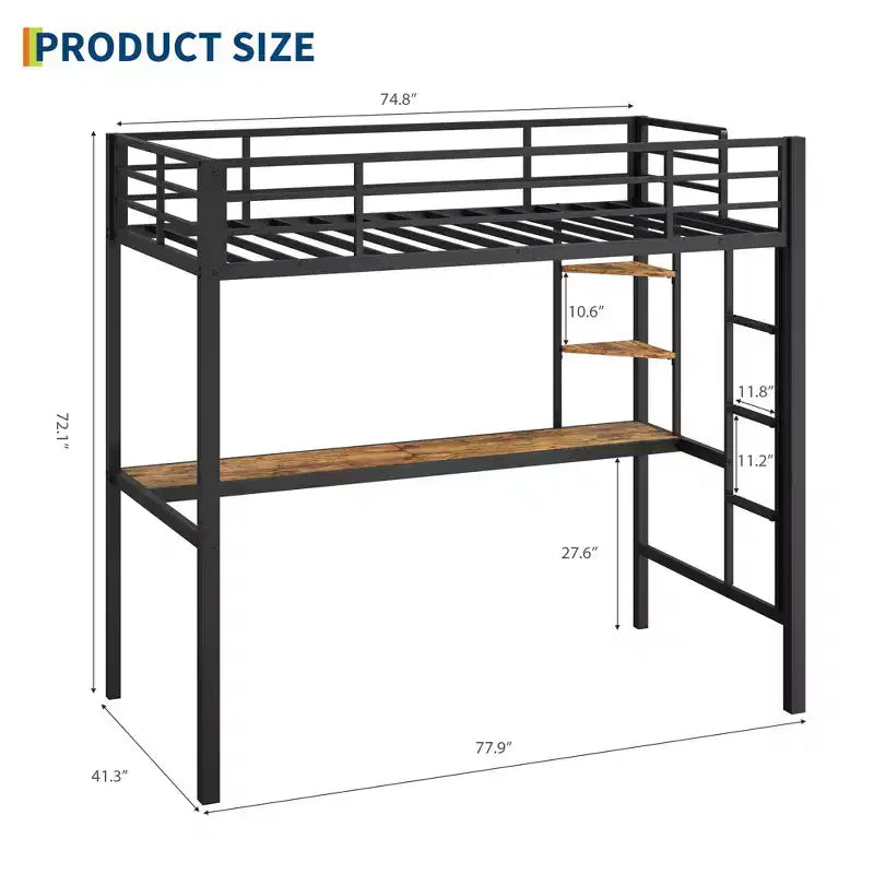 Twin Size Loft Bed with Large Desk and Storage Shelves, Metal Loft Bed with Safety Guardrail and Ladder for Kids and Adults, Space Saving