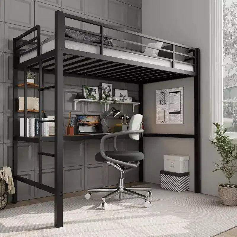 Twin Size Loft Bed with Large Desk and Storage Shelves, Metal Loft Bed with Safety Guardrail and Ladder for Kids and Adults, Space Saving