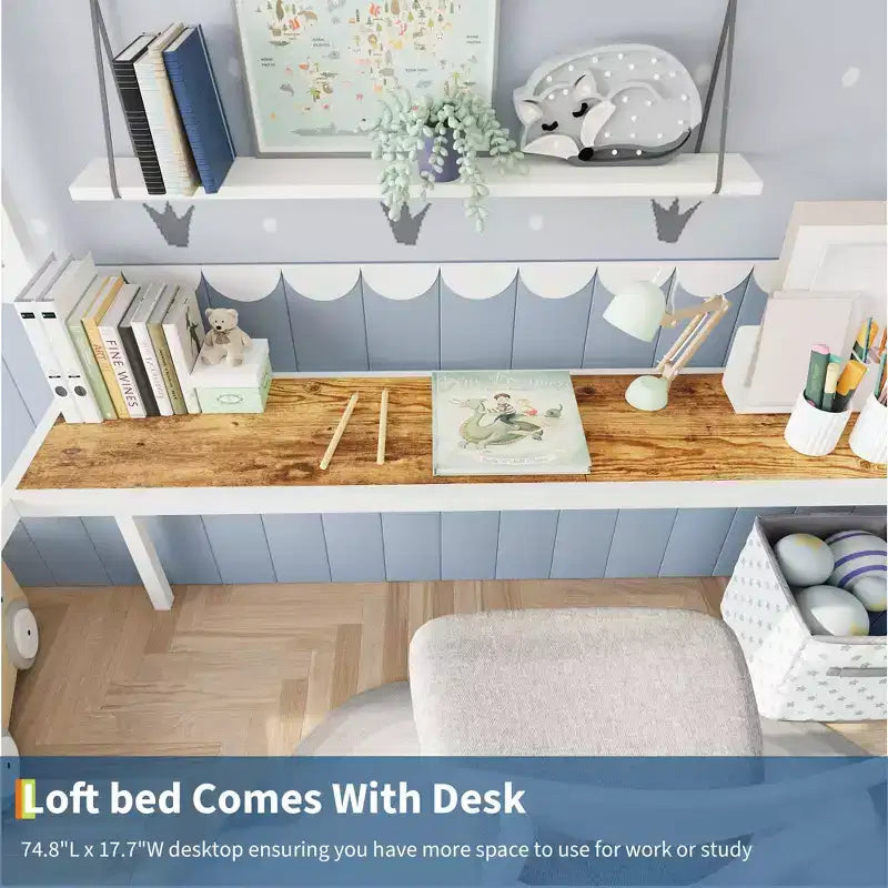 Twin Size Loft Bed with Large Desk and Storage Shelves, Metal Loft Bed with Safety Guardrail and Ladder for Kids and Adults, Space Saving