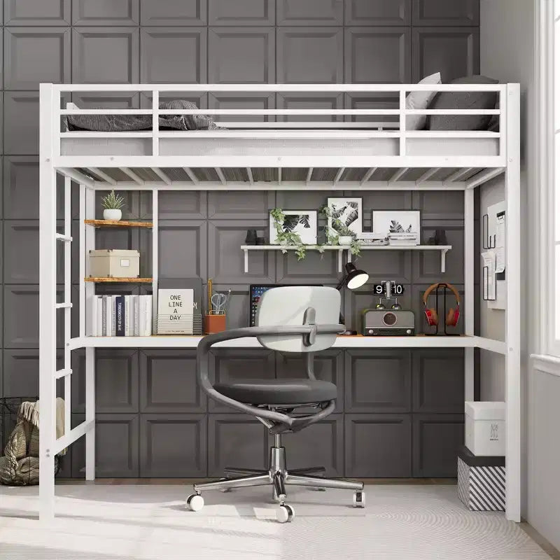 Twin Size Loft Bed with Large Desk and Storage Shelves, Metal Loft Bed with Safety Guardrail and Ladder for Kids and Adults, Space Saving