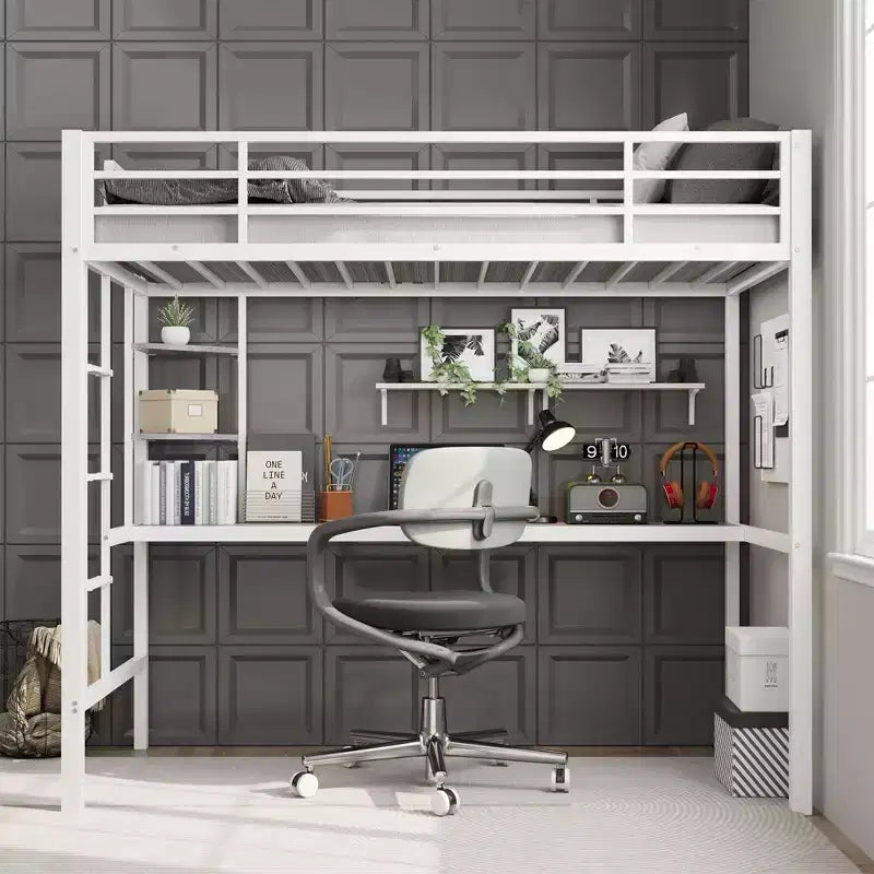 Twin Size Loft Bed with Large Desk and Storage Shelves, Metal Loft Bed with Safety Guardrail and Ladder for Kids and Adults, Space Saving