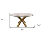 54 Clear and Gold Glass and Metal Cross Leg Base Round Top Dining Table