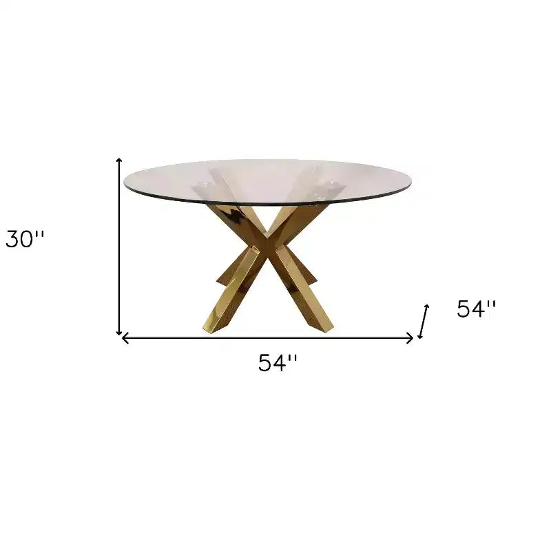 54 Clear and Gold Glass and Metal Cross Leg Base Round Top Dining Table