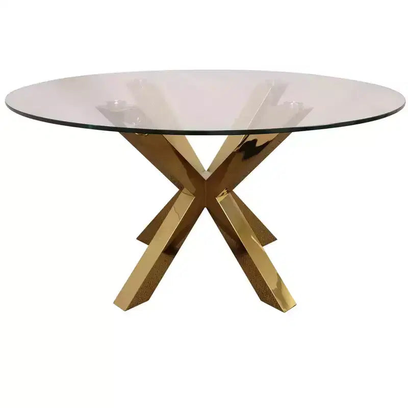 54 Clear and Gold Glass and Metal Cross Leg Base Round Top Dining Table