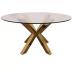 54 Clear and Gold Glass and Metal Cross Leg Base Round Top Dining Table