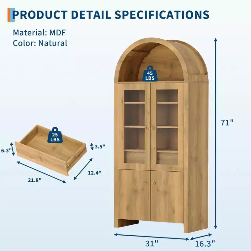 71 Inch Tall Arched Cabinet with Doors, Arched Kitchen Pantry Cabinet with a Hidden Drawer, Adjustable Shelves, Modern Display Storage Cabinets