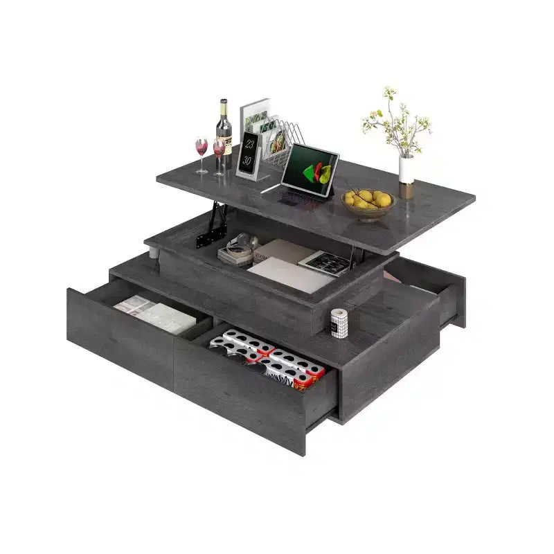 Farmhouse Lift Top LED Coffee Tables with Storage 4 Drawers Center Table For Living Room