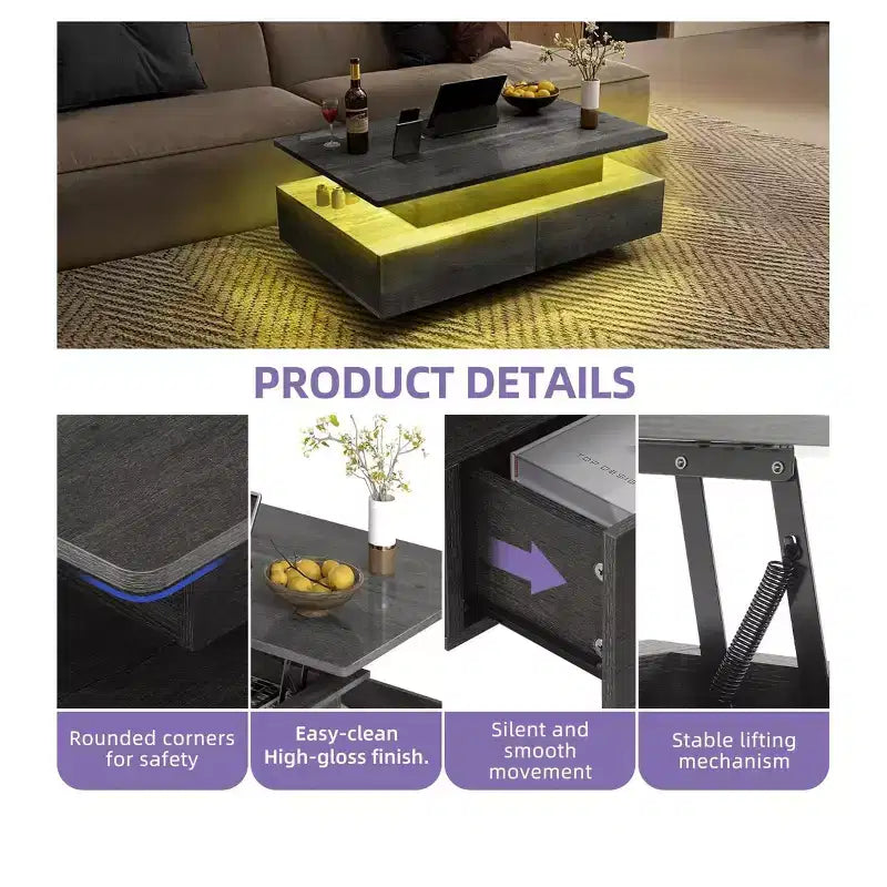 Farmhouse Lift Top LED Coffee Tables with Storage 4 Drawers Center Table For Living Room