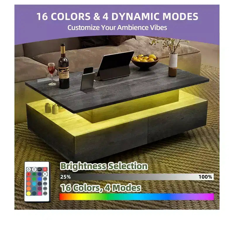 Farmhouse Lift Top LED Coffee Tables with Storage 4 Drawers Center Table For Living Room