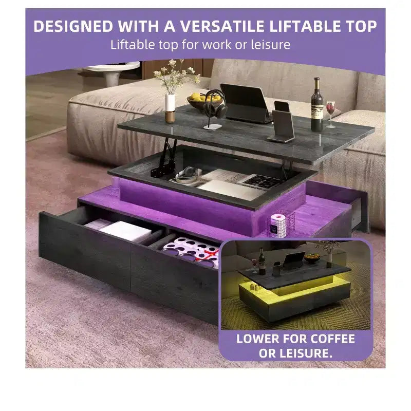 Farmhouse Lift Top LED Coffee Tables with Storage 4 Drawers Center Table For Living Room