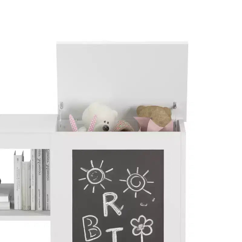 3-in-1 Kids Bookshelf and Toy Storage Cabinet with Chalkboard, Dual Open Shelves - White
