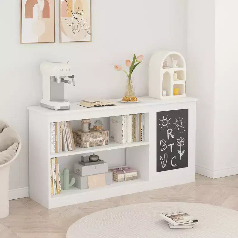 3-in-1 Kids Bookshelf and Toy Storage Cabinet with Chalkboard, Dual Open Shelves - White