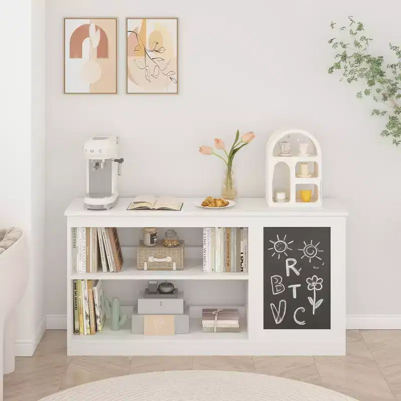 3-in-1 Kids Bookshelf and Toy Storage Cabinet with Chalkboard, Dual Open Shelves - White