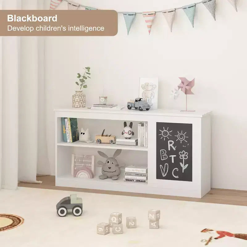 3-in-1 Kids Bookshelf and Toy Storage Cabinet with Chalkboard, Dual Open Shelves - White