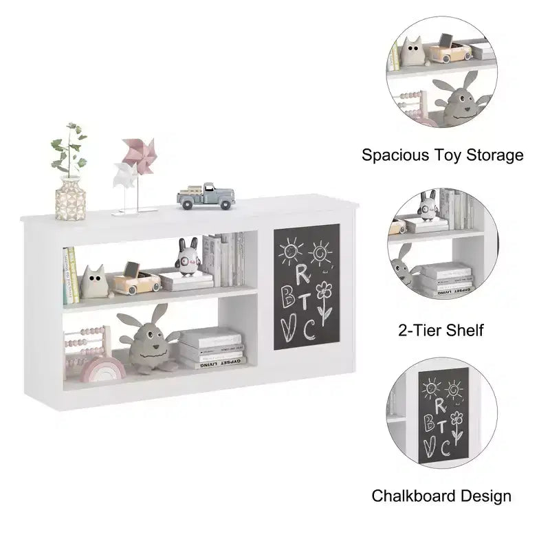 3-in-1 Kids Bookshelf and Toy Storage Cabinet with Chalkboard, Dual Open Shelves - White