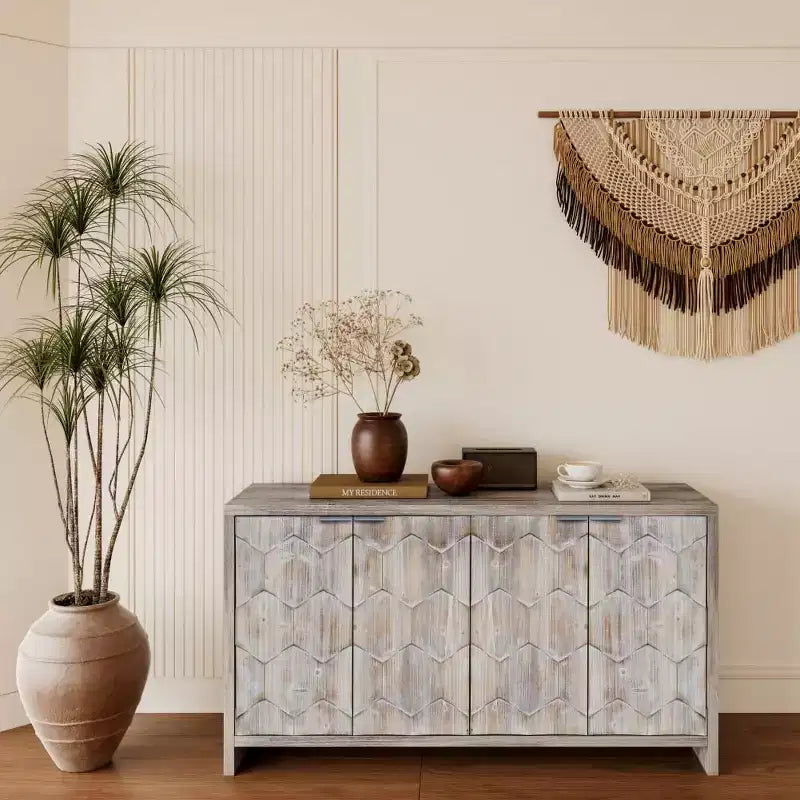 Sideboard Buffet Cabinet, Kitchen Pantry Storage Cabinet with 4 Metal Door Handles,Hexagonal Pattern Coffee Bar Cabinet