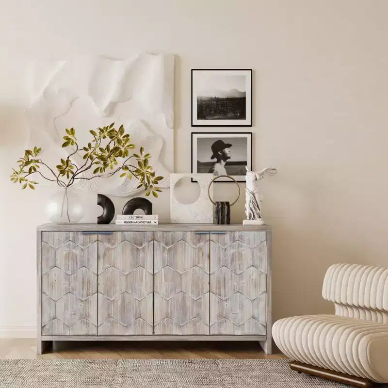 Sideboard Buffet Cabinet, Kitchen Pantry Storage Cabinet with 4 Metal Door Handles,Hexagonal Pattern Coffee Bar Cabinet