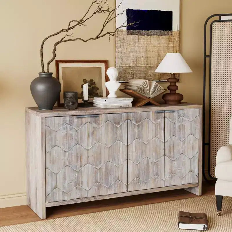Sideboard Buffet Cabinet, Kitchen Pantry Storage Cabinet with 4 Metal Door Handles,Hexagonal Pattern Coffee Bar Cabinet