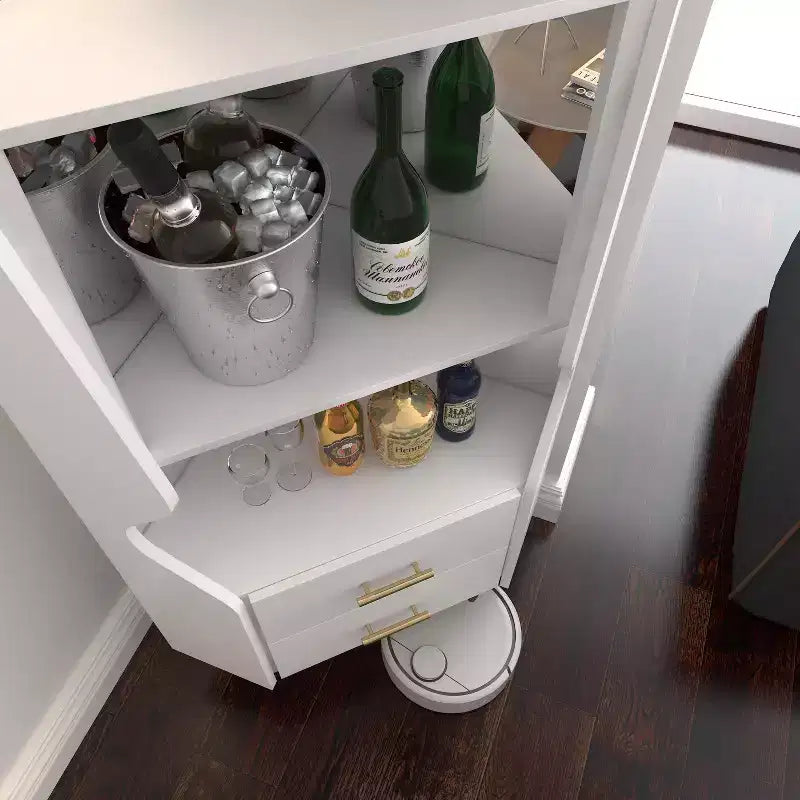 Modern Corner Bar Cabinet with Shelves and Drawers, for Dining or Living Room, White