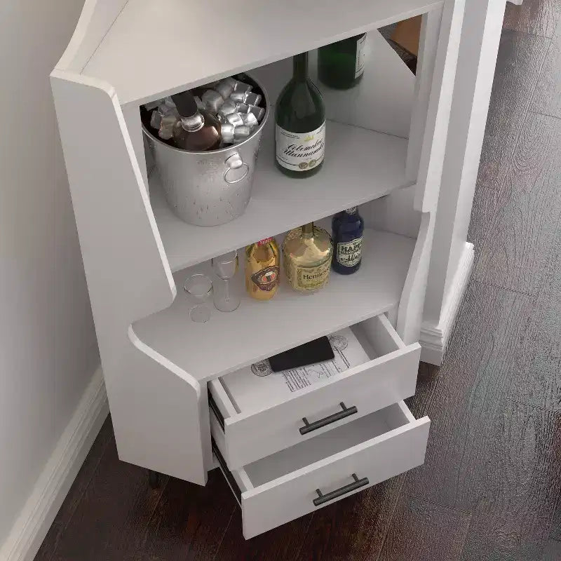 Modern Corner Bar Cabinet with Shelves and Drawers, for Dining or Living Room, White