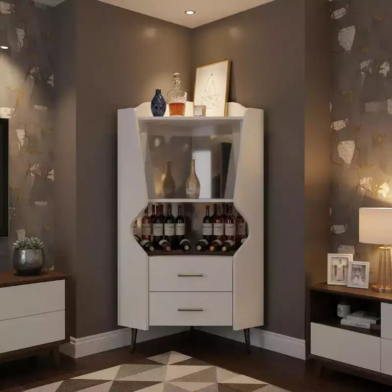 Modern Corner Bar Cabinet with Shelves and Drawers, for Dining or Living Room, White