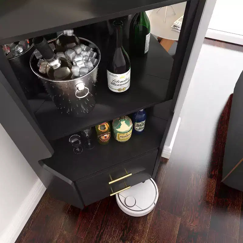 Modern Corner Bar Cabinet with Shelves and Drawers, for Dining or Living Room, Black