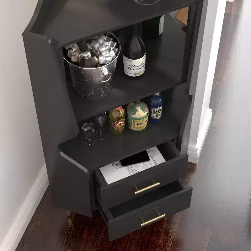 Modern Corner Bar Cabinet with Shelves and Drawers, for Dining or Living Room, Black