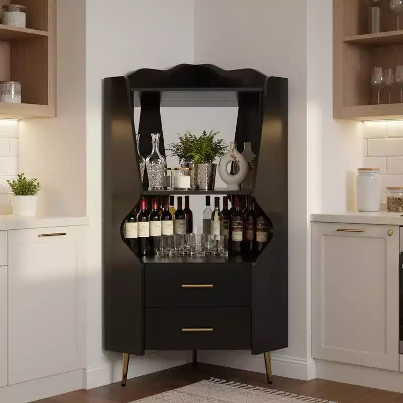 Modern Corner Bar Cabinet with Shelves and Drawers, for Dining or Living Room, Black
