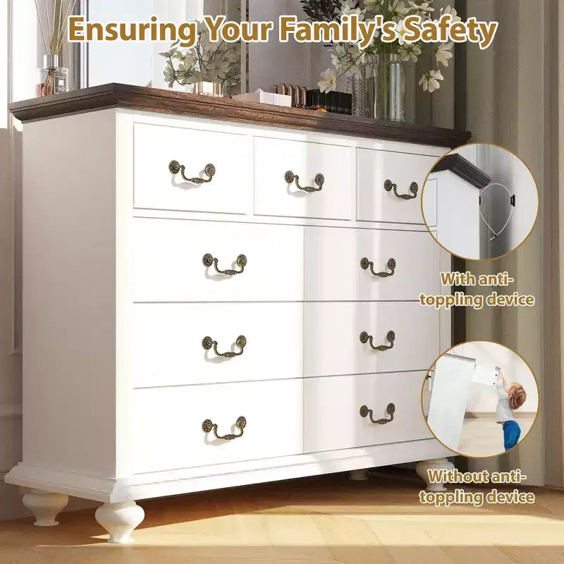 Bedroom vanity with intricately carved metal handles, featuring a tall cabinet with wooden legs. Suitable for bedrooms, living rooms, and hallways.