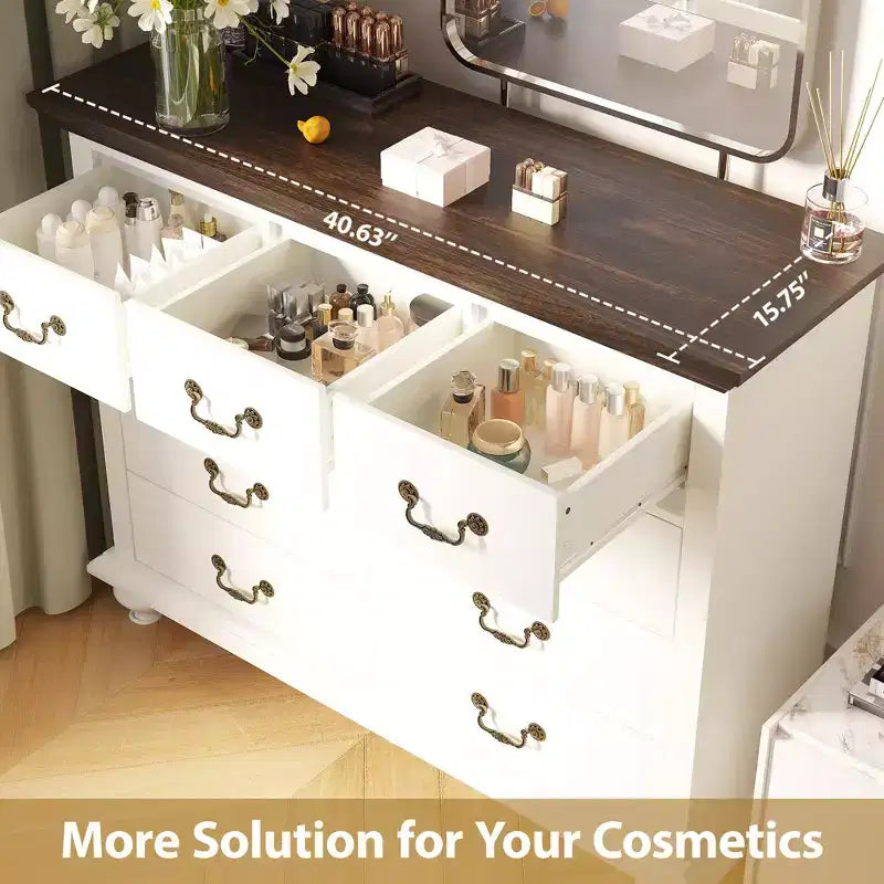 Bedroom vanity with intricately carved metal handles, featuring a tall cabinet with wooden legs. Suitable for bedrooms, living rooms, and hallways.