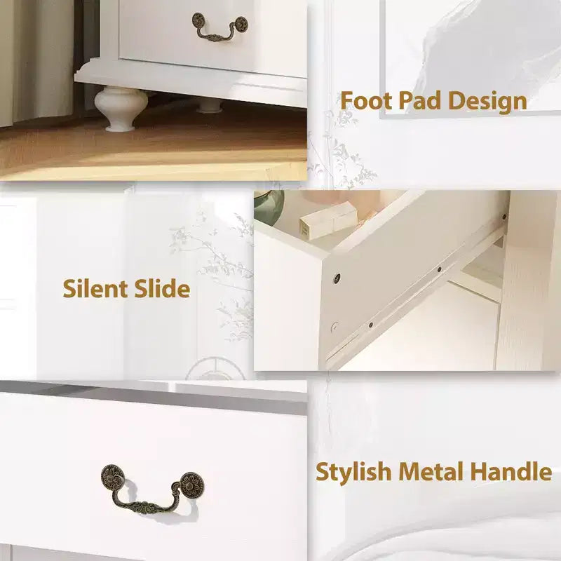 Bedroom vanity with intricately carved metal handles, featuring a tall cabinet with wooden legs. Suitable for bedrooms, living rooms, and hallways.