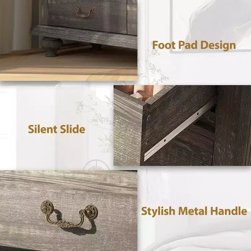 Bedroom vanity with intricately carved metal handles, featuring a tall cabinet with wooden legs. Suitable for bedrooms, living rooms, and hallways.