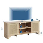 Rattan TV Stand Fits TVs Up to 70 Inches, Boho Entertainment Center with Cabinets and Open Shelves, Wooden Media Console Table for Living Room