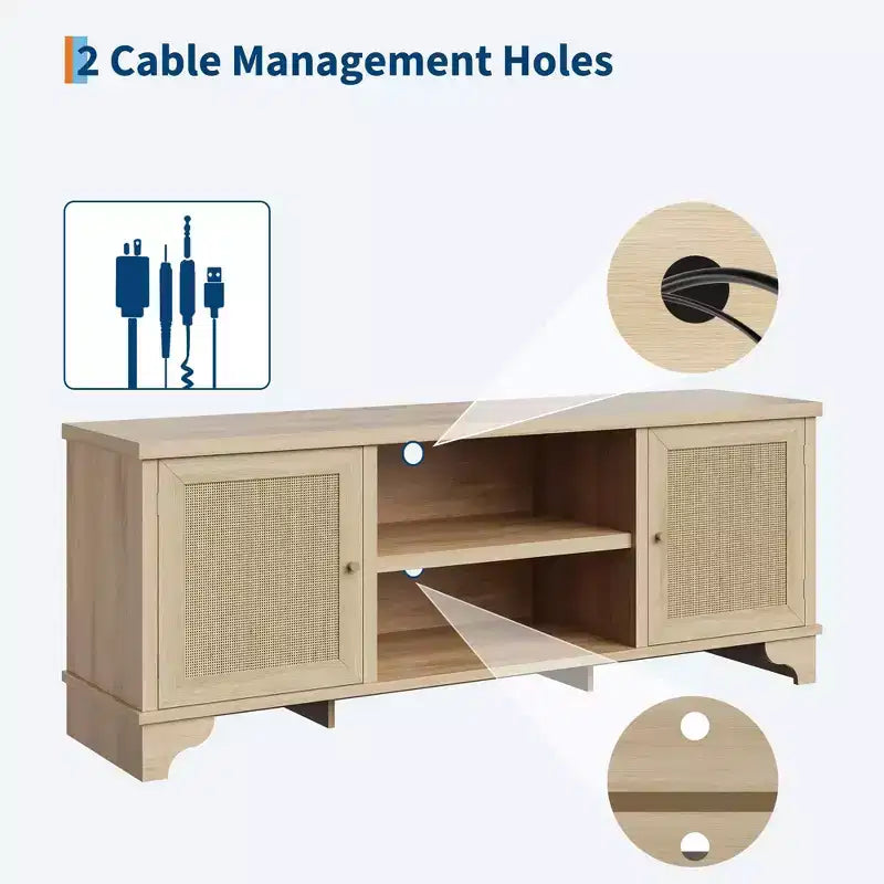 Rattan TV Stand Fits TVs Up to 70 Inches, Boho Entertainment Center with Cabinets and Open Shelves, Wooden Media Console Table for Living Room