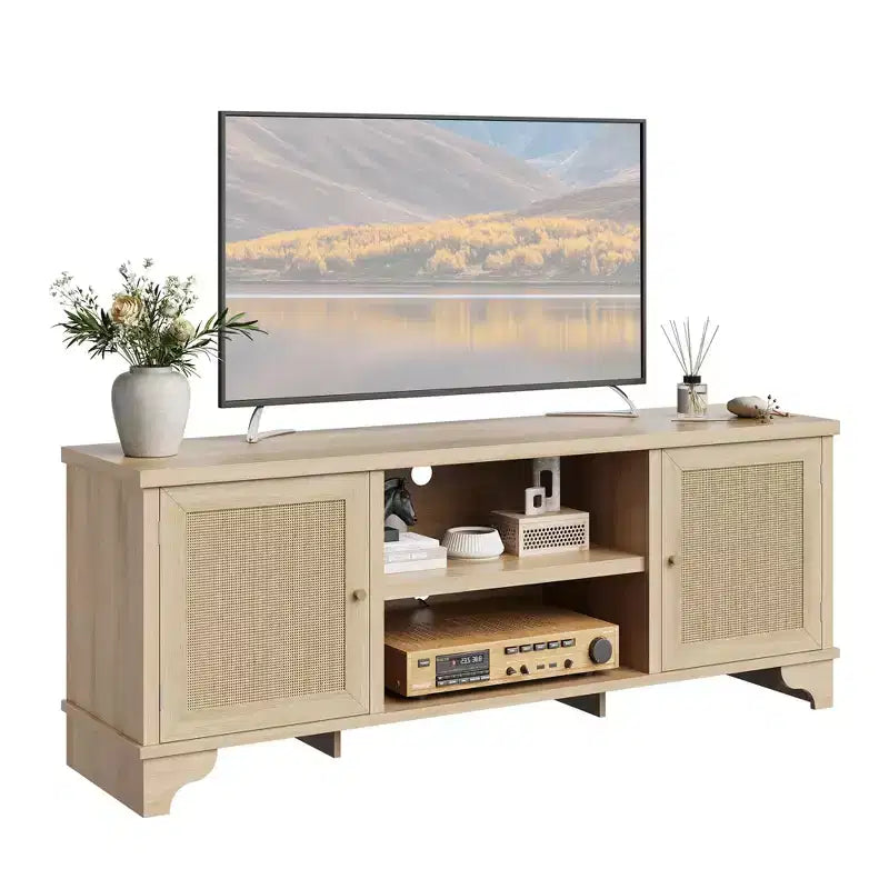 Rattan TV Stand Fits TVs Up to 70 Inches, Boho Entertainment Center with Cabinets and Open Shelves, Wooden Media Console Table for Living Room