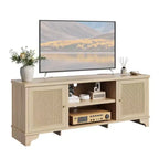 Rattan TV Stand Fits TVs Up to 70 Inches, Boho Entertainment Center with Cabinets and Open Shelves, Wooden Media Console Table for Living Room