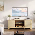 Rattan TV Stand Fits TVs Up to 70 Inches, Boho Entertainment Center with Cabinets and Open Shelves, Wooden Media Console Table for Living Room