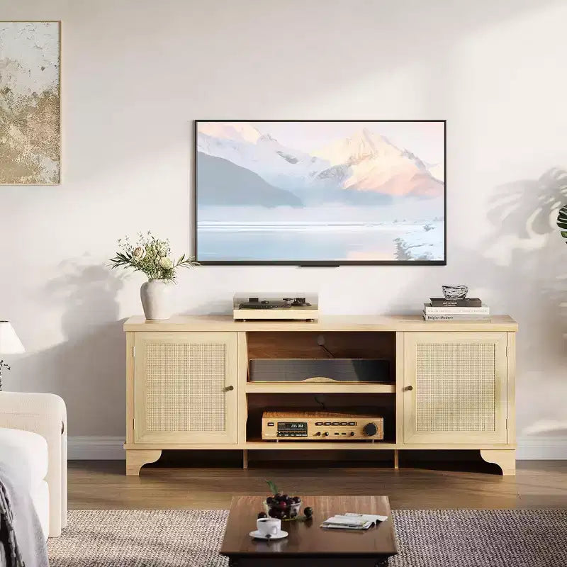 Rattan TV Stand Fits TVs Up to 70 Inches, Boho Entertainment Center with Cabinets and Open Shelves, Wooden Media Console Table for Living Room