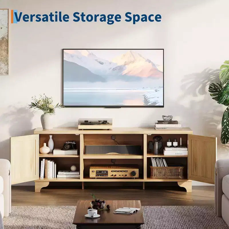 Rattan TV Stand Fits TVs Up to 70 Inches, Boho Entertainment Center with Cabinets and Open Shelves, Wooden Media Console Table for Living Room