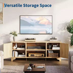 Rattan TV Stand Fits TVs Up to 70 Inches, Boho Entertainment Center with Cabinets and Open Shelves, Wooden Media Console Table for Living Room