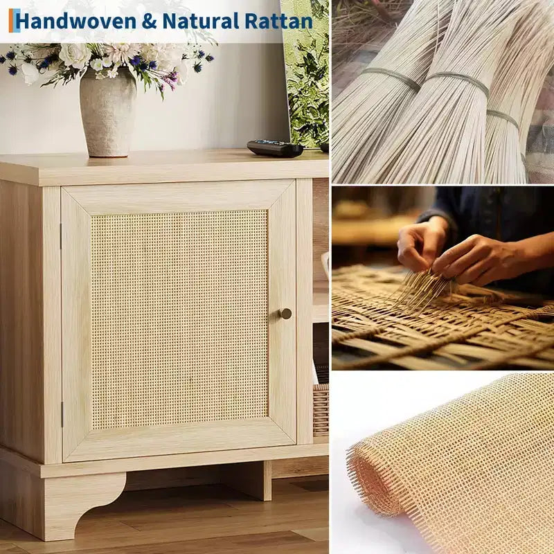 Rattan TV Stand Fits TVs Up to 70 Inches, Boho Entertainment Center with Cabinets and Open Shelves, Wooden Media Console Table for Living Room