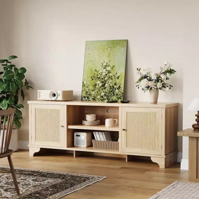 Rattan TV Stand Fits TVs Up to 70 Inches, Boho Entertainment Center with Cabinets and Open Shelves, Wooden Media Console Table for Living Room